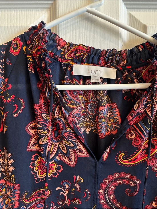 LOFT Tops - LOFT Navy Floral Paisley Tie-Neck Blouse